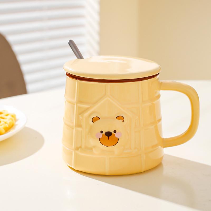 400ml Drinkware Ceramic Cup Household Creative Cute Bear Pattern Mug with Lid and Spoon Green Tea White Coffee Milk Brewing Cups