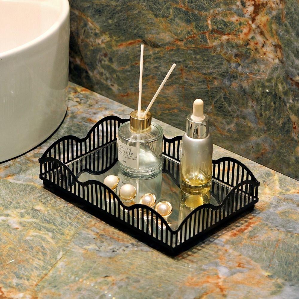Exquisite Metal Storage Tray with Glass Mirror Bathroom Sundries Organizer Home Decorations