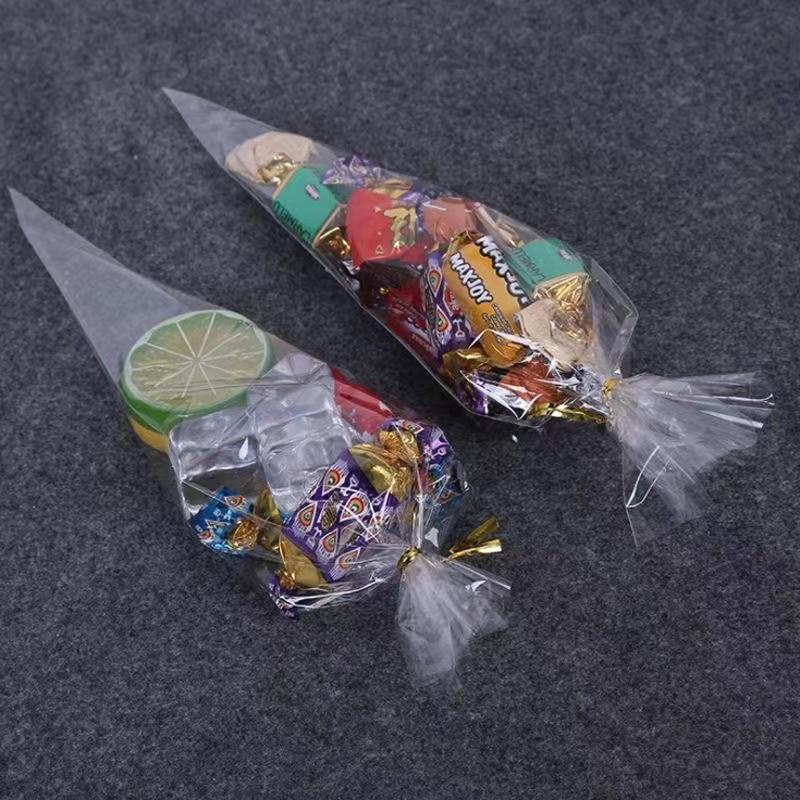 Popcorn Cone Packaging: Triangle Transparent Candy Bags with Ties, 100-Piece Pack.