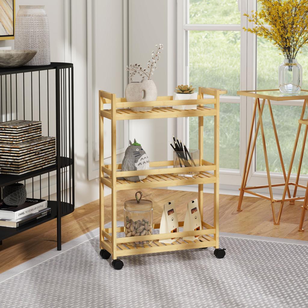Serving Cart, 3 Tiers, Slatted Shelves, Fall Protection, Bamboo, 55 x 20 x 75 cm
