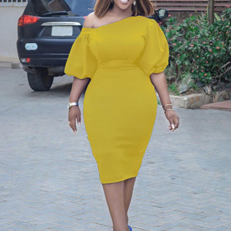 Women's summer new solid color slanted shoulder bubble sleeve temperament Tongle large size dress