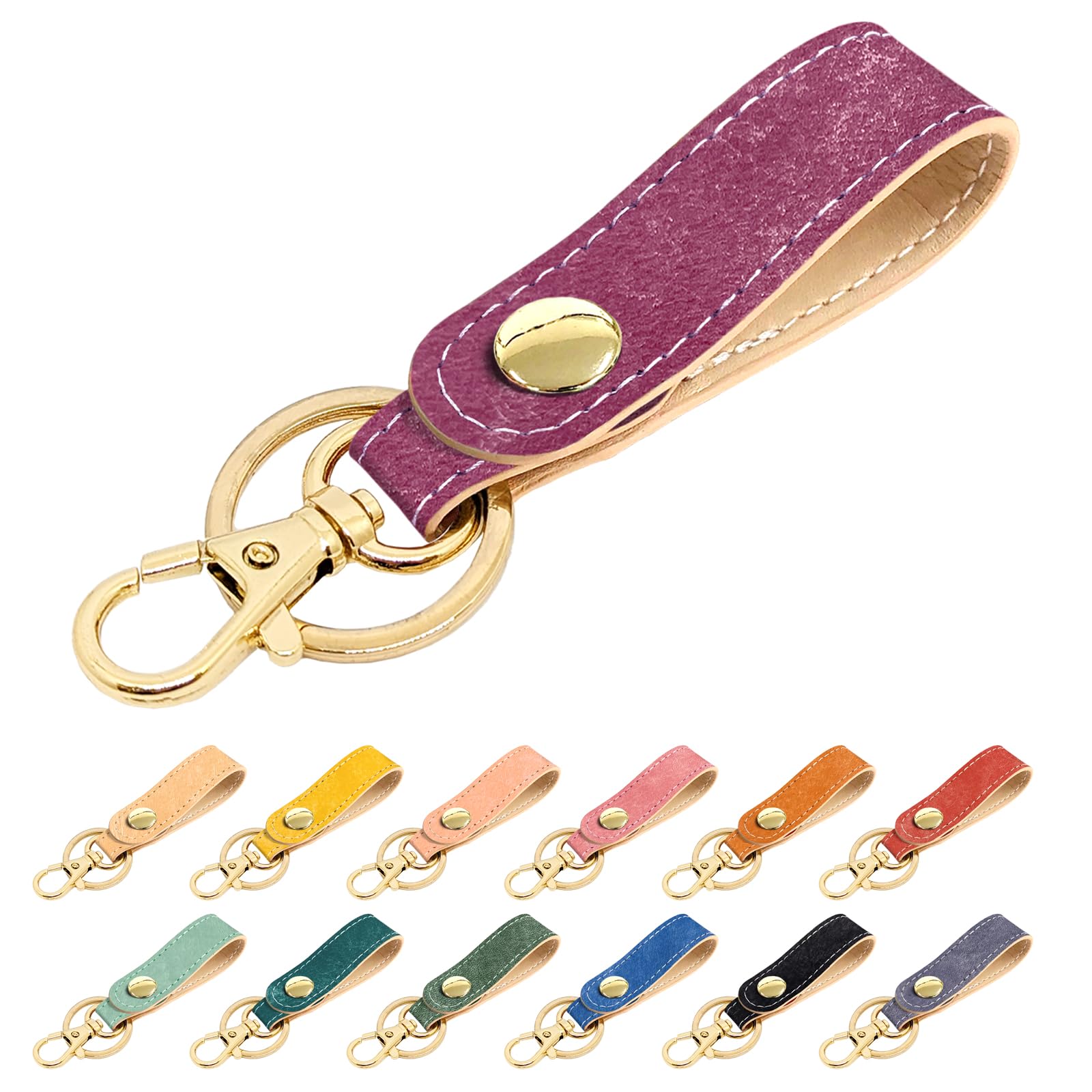LeoAoi Italian Genuine Leather Maya Berry Key Ring with Snap Button, Belt Style, Bag Charm, Cowhide Leather, for Keys, Men s and Women s, Purple