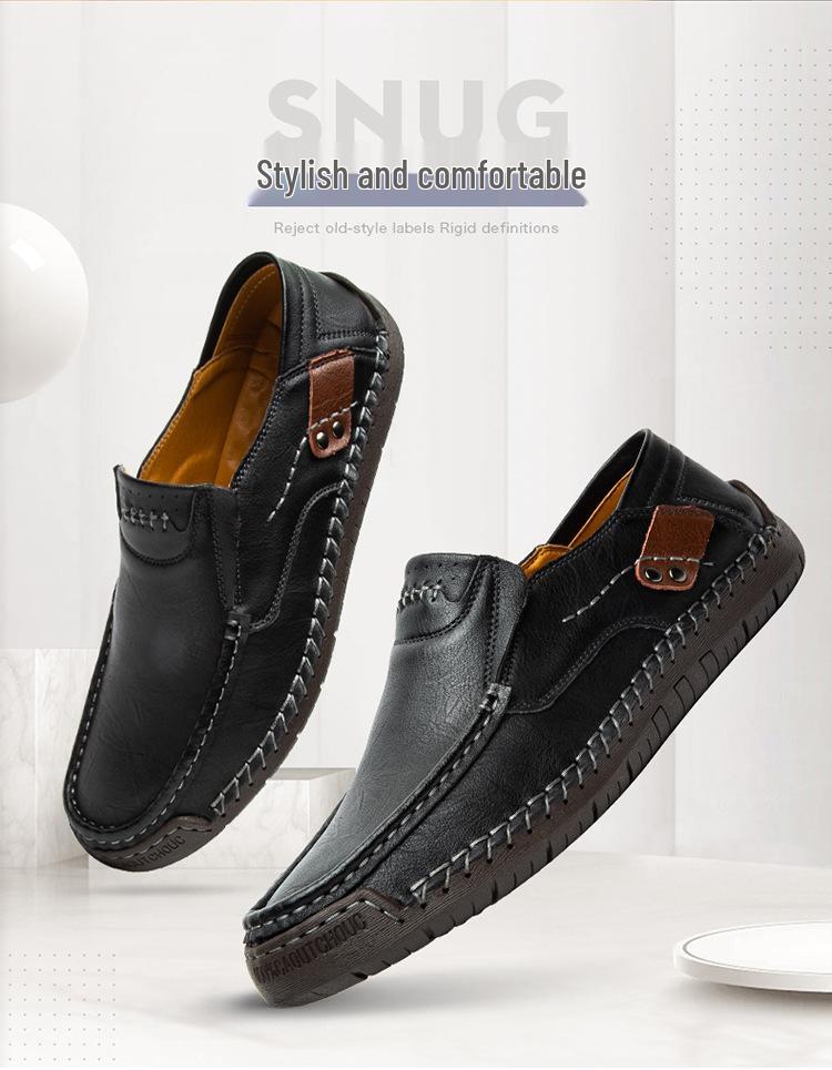 Men's Hand-Stitched Leather Slip-On Loafers - Casual Outdoor Low-Top Flats, Large Size, Spring Collection.