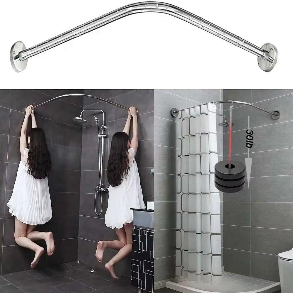 L Shaped Shower Curtain Rail Stainless Steel No Drilling Corner Shower Rail Adjustable Structure Anti-Slip Rubber Pads