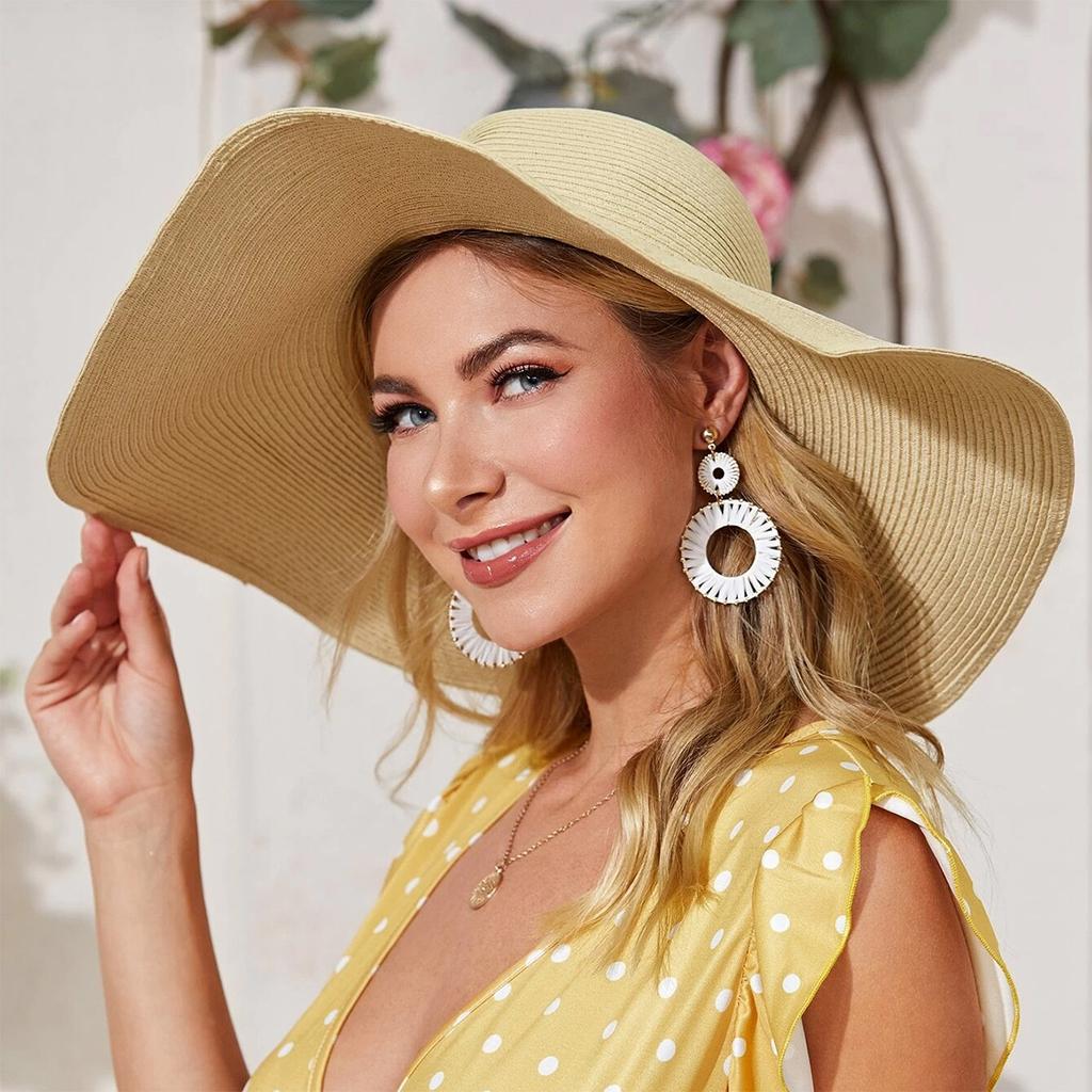 15cm Wide Brim Straw Hats For Women Summer Floppy Foldable Portable Beach Hat Girls Simple Solid Color Uv Protection Lady Panama