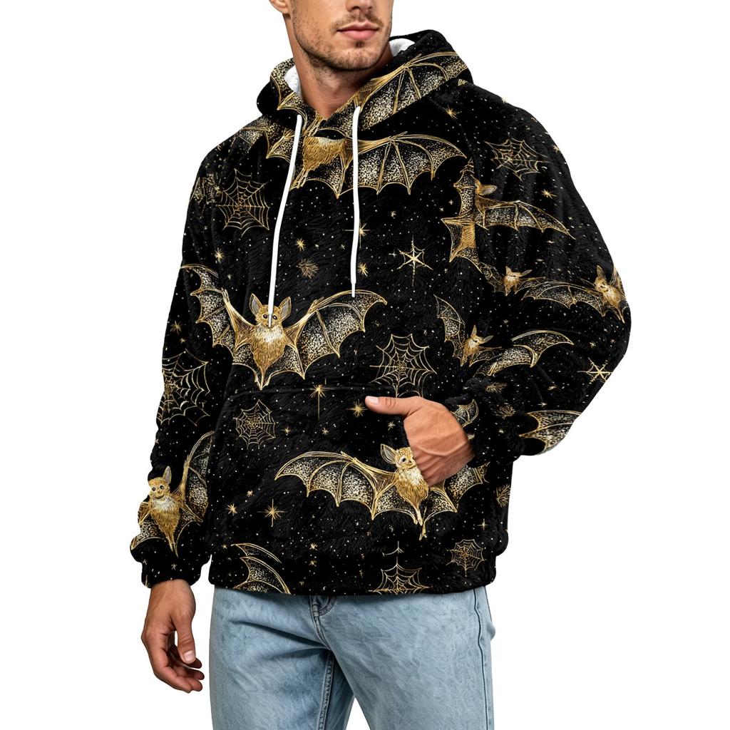Men's Fall Winter Halloween Print Plus Size Hooded Flannel Sweatshirt Casual Trendy Streetwear