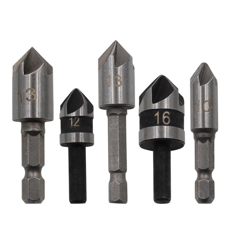 82° Five-Flute Woodworking Countersink & Chamfer Drill Bit Set - 5 Pieces