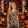 Damen V-Ausschnitt Kurzarm Kasack mit Taschen Halloween-Print Pflegekraft Uniform