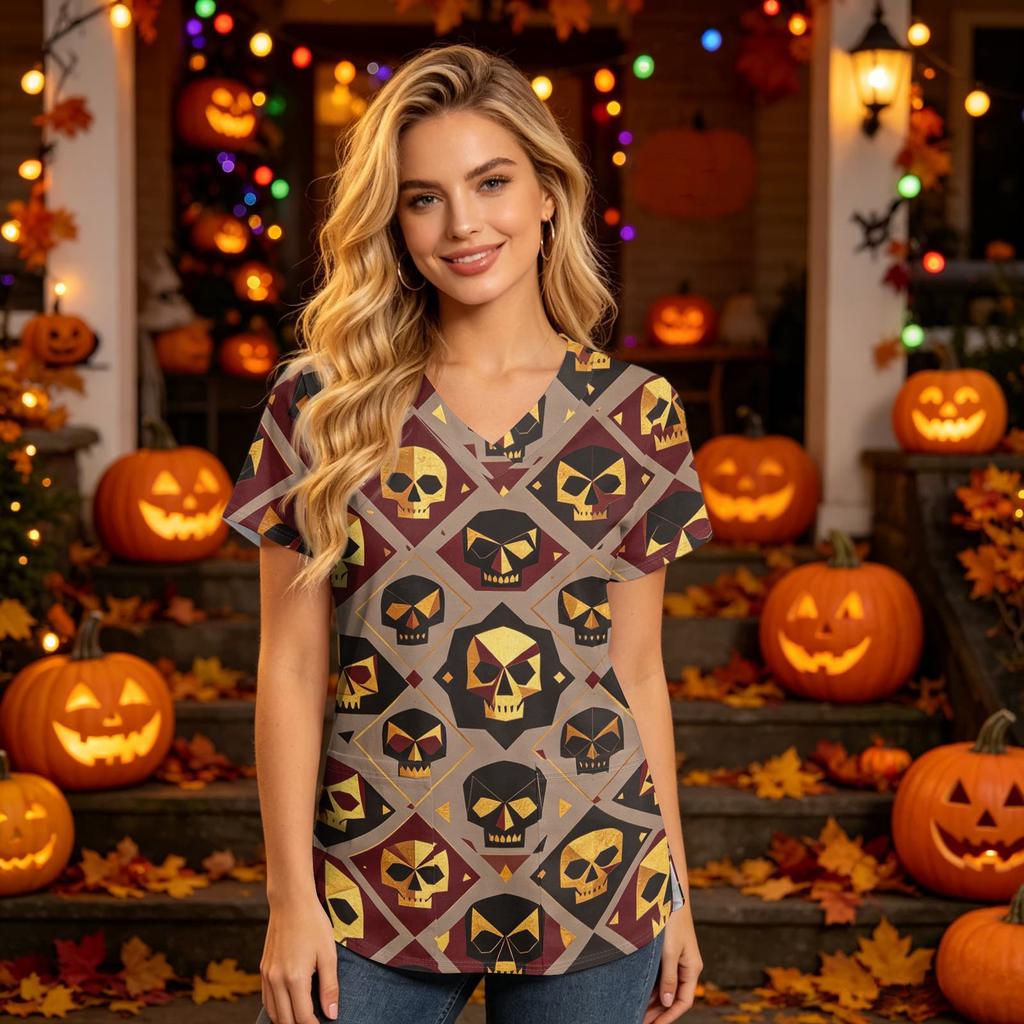Damen V-Ausschnitt Kurzarm Kasack mit Taschen Halloween-Print Pflegekraft Uniform
