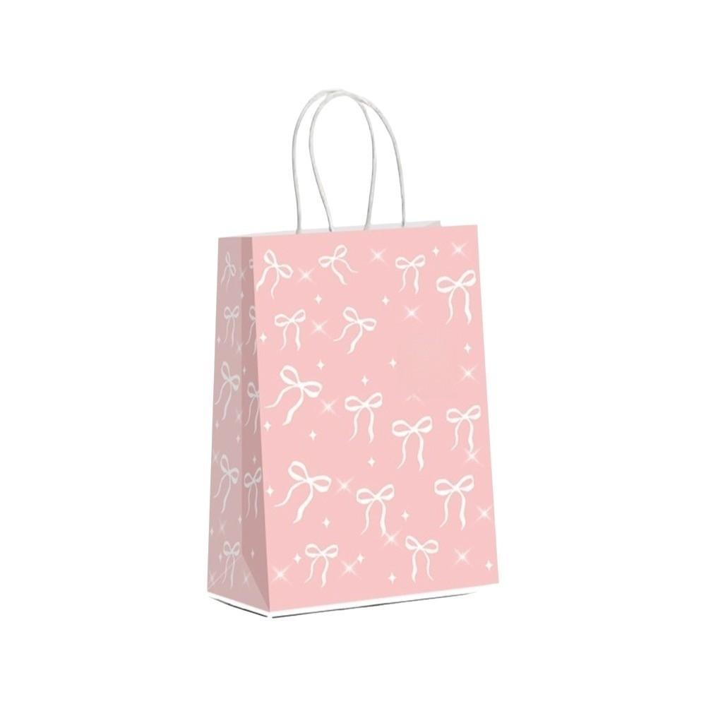 5PCS Sweet Pink Paper Gift Bags White Bow Handheld Design Pink Bow Theme Bow Themed Paper Material Candy Tote Bag Wedding Party