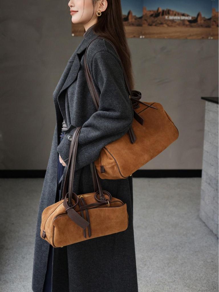 Suede Plush Large Bowling Bag 2026 - Elegant Retro Boston Style Shoulder Bag for Women