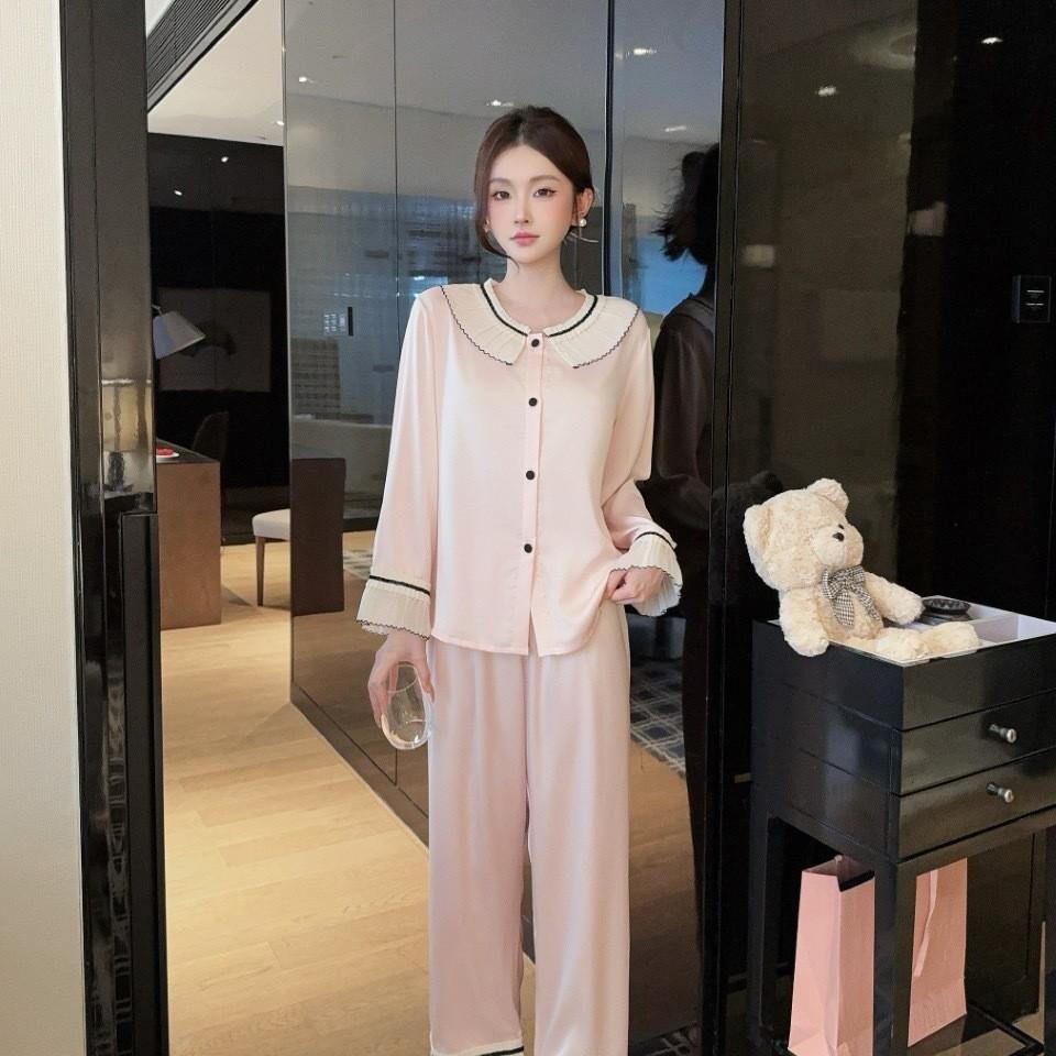 Spring new ice silk long-sleeved pajamas women's high-end French sweet lace thin loungewear suit can be worn outside