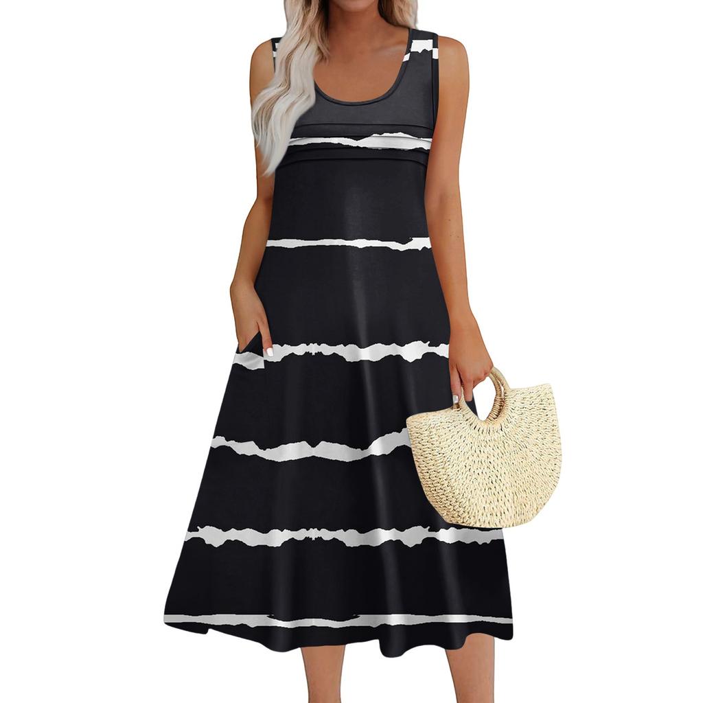 Women's Fashion Round Neck Sleeveless Pleated Beach Dress With Pockets Long Striped Printed Dresses