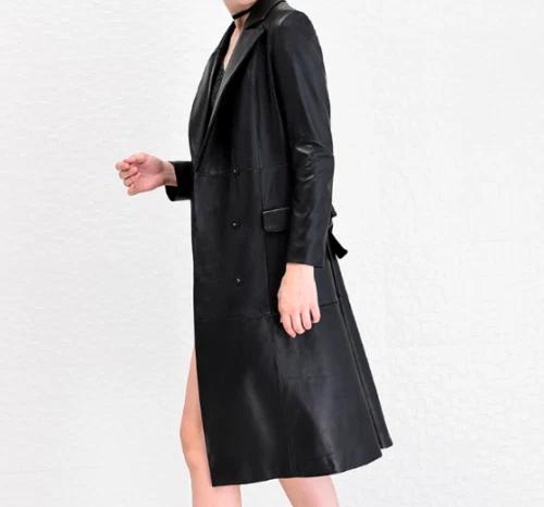BLACK Halloween Formal  Women's Trench Coat Genuine Soft Lambskin Leather Stylish