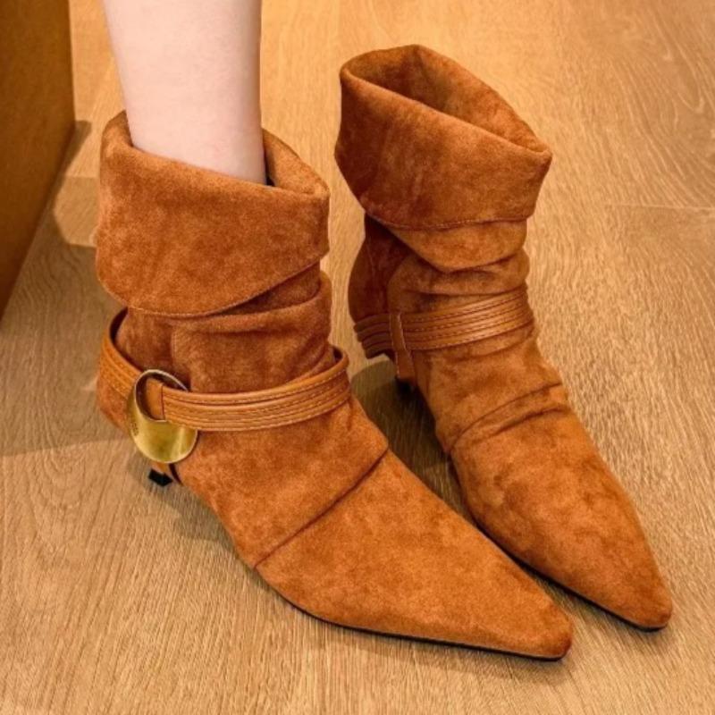 Vintage Metal Buckle Thin Folio Boots Fashion Pointed Toe Cow Suede Padded Foot Non-Slip Shorthole Stack Boots