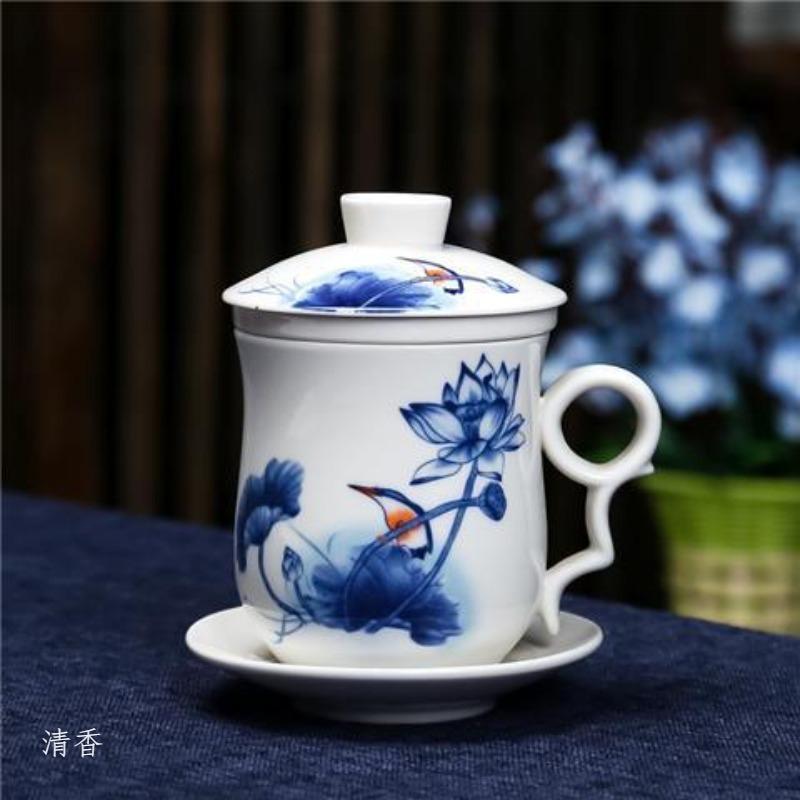 4-teiliges Teetassen-Set Persönliche Teetasse Keramik mit innerem Filter und Deckel Wasserbecher Blau-Weißes Porzellan Büro Konferenzbecher