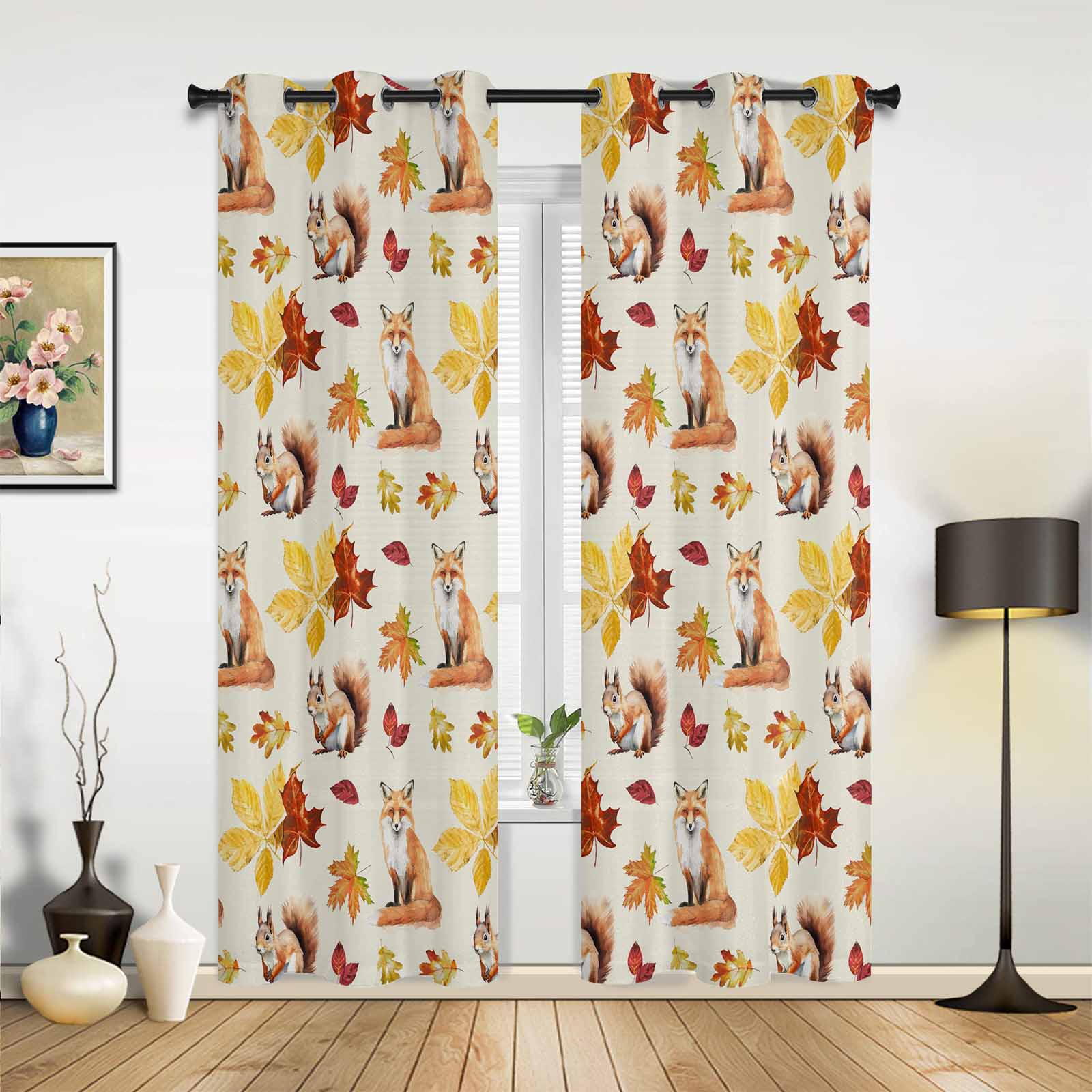 Rideaux Renard Animal Dessin Animé Feuille d'Automne pour Chambre à Coucher Salon Rideaux Cuisine Chambre d'Enfant Rideau de Fenêtre Décoration de Maison Moderne 135W x 60H(cm) x1