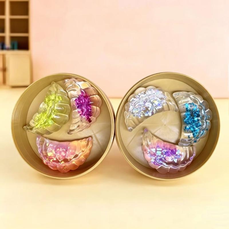Anti Anxiety Dumpling Fidget Toys 3Pcs Glitter Transparent Pack With Steamer Sensory Toy for Work Break Relaxation