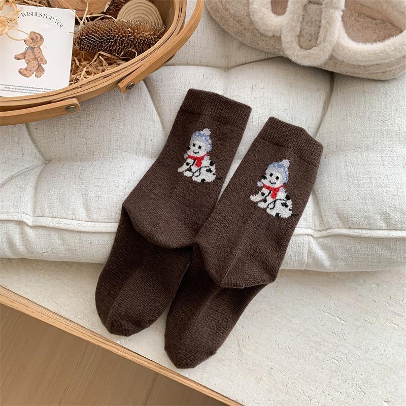 Female Autumn Winter Thickened Warm Cute Cartoon Sled Dog Wool Drum Pile Socks