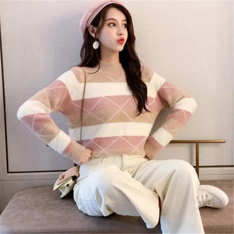 Mink fleece, halv turtleneck genser dame høst og vinter løs farge matchende langermet strikket bunnskjorte dame elegant strikket genser