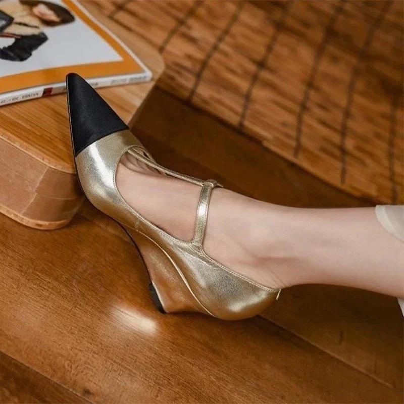 

Модные туфли на высоком каблуке с острым носком, женская обувь на плоской танкетке, женская обувь 2024 года, дизайнерские новые прогулочные сандалии, сексуальное платье Mujer Zapatos 39 золотой