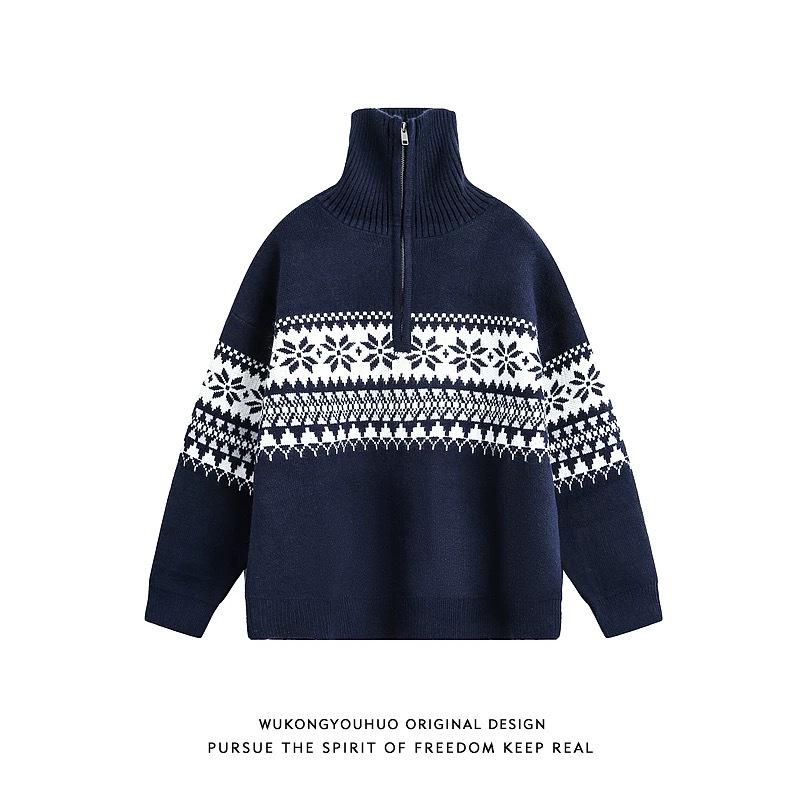 Pull Cardigan Homme Jacquard Fair Isle Fermeture Éclair Demi-Zip Col Montant Noël