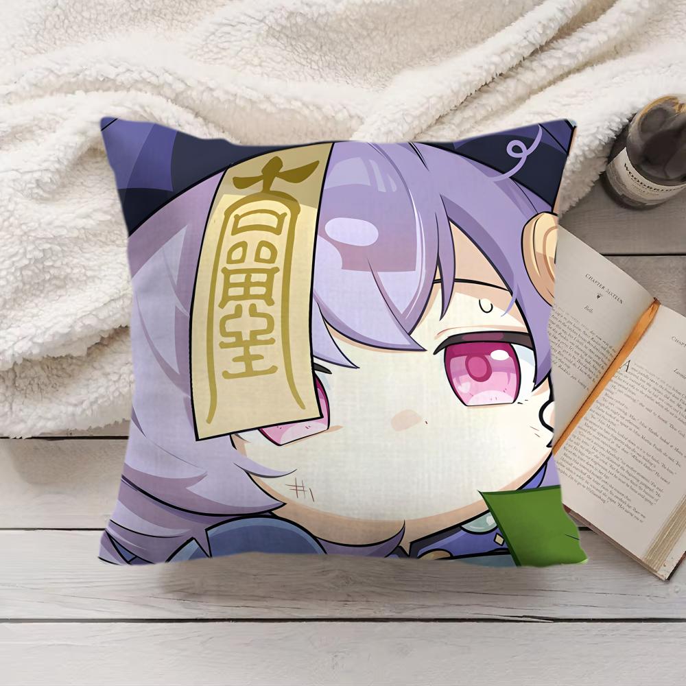 Qiqi Cute Genshin Impact Cushion Cover Silky Short Plush Invisible Zipper Dustproof Sofa Pillow Case For Home Decor