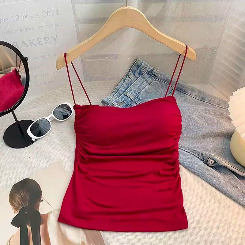 Pleated Strappy Camisole with Padded Bandeau One-Piece Wireless Top