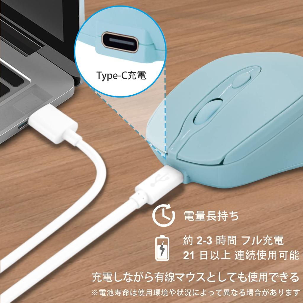 Wonzir Wireless Mouse, Bluetooth 5.2, Quiet, Type-C Rechargeable, 3-Level DPI Switching, 2.4GHz Optical, Compatible with Mac, Windows, Android, iOS,