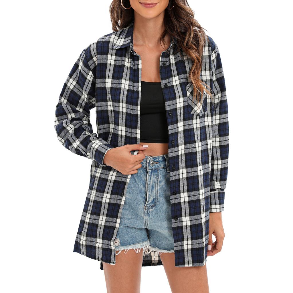 Neue Herbst Frauen Übergroßen Plaid Tartan Hemd Tasten Tasche Drehen-unten Kragen Langarm Baggy