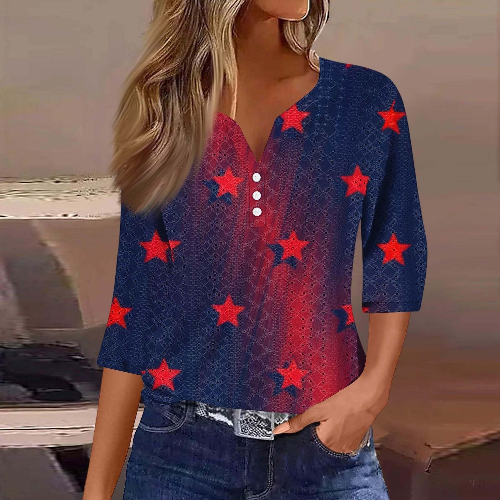 

Женская модная футболка с V-образным вырезом и пуговицами, семь рукавов, повседневный топ с принтом «День независимости» XXL тёмно-синий