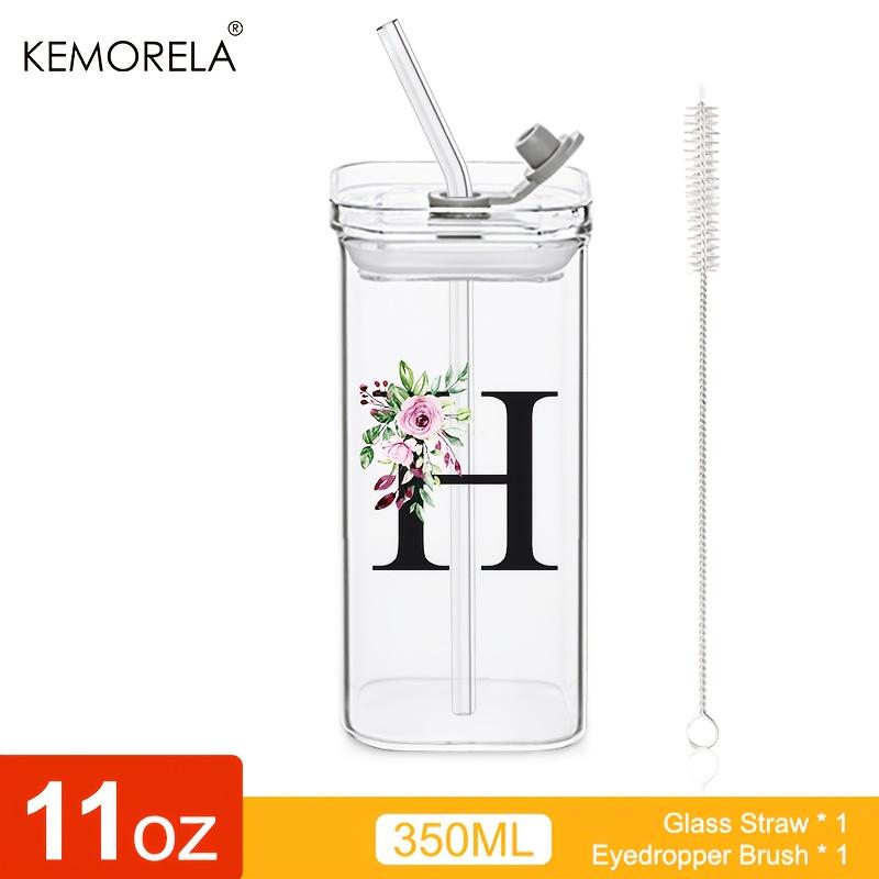1 STÜCK 24 Buchstabenförmige Glastrinkbecher mit Deckel und Strohhalm Kaffeebecher 300ML Klarer quadratischer Trinkbecher für Kaffee Bier Milch