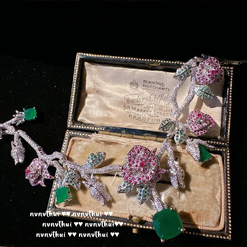 Rouge Magenta Rose Gemstone, Necklace, Antique, Plated With 18K Gold, Vintage Flower Para Zircon, Earrings.