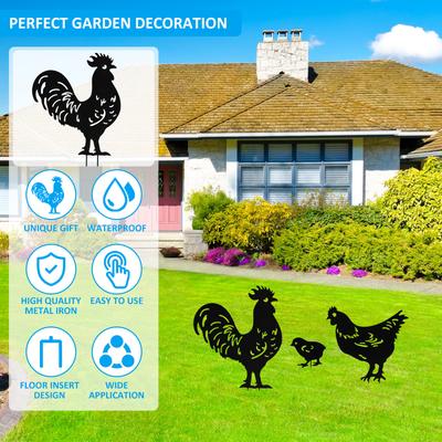 3Pcs Yard Art Garden Metal Sculpture Chicken Decoration Creative Rooster Outline Lawn After Outdoor Black Hen Garden Decorated