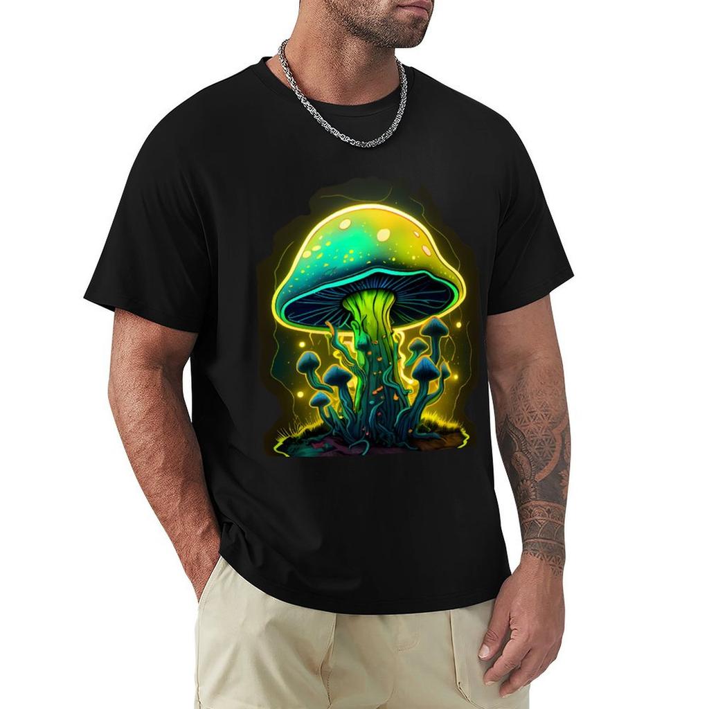 Psychedelic Neon Mushroom Toadstool in Greens and Oranges T-Shirt Stain Resistant Casual Tee