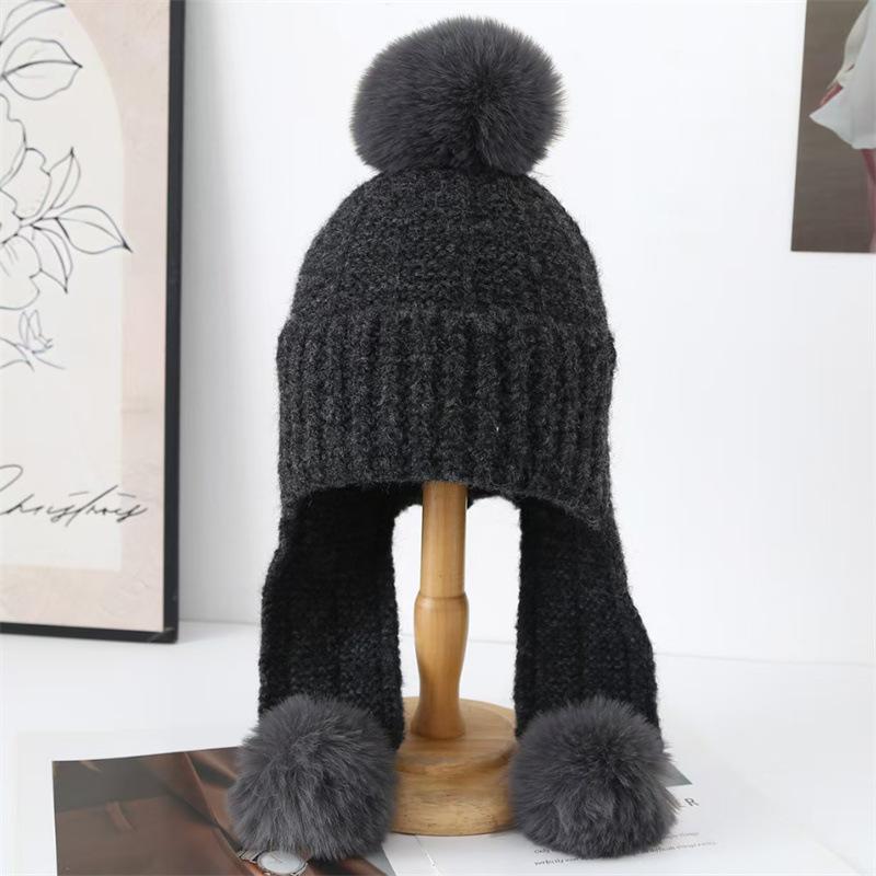 Autumn and Winter Female Cute Hairball Ear Protection Knitted Hat New Cold and Warm Face Small Wool Pullover Hat