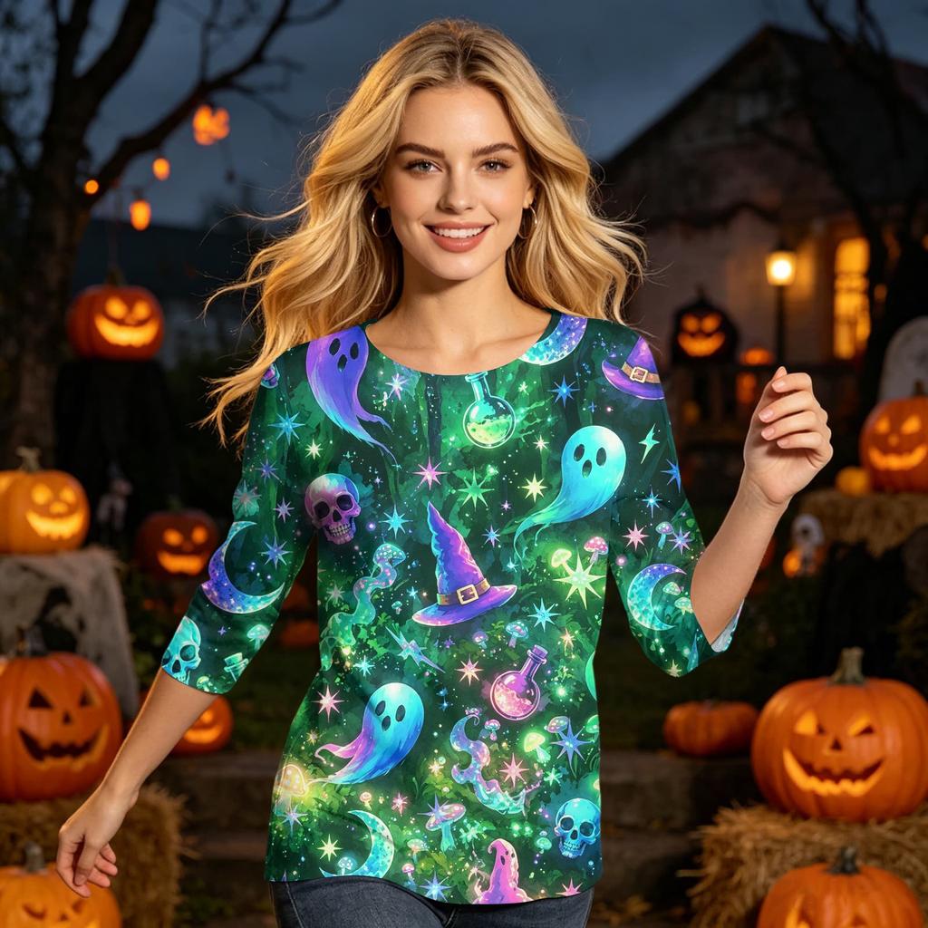 Womens Casual Halloween Print Round Neck Three Quarter Sleeve Top Lightweight Soft Fabric Pullover Shirt for Everyday Wear