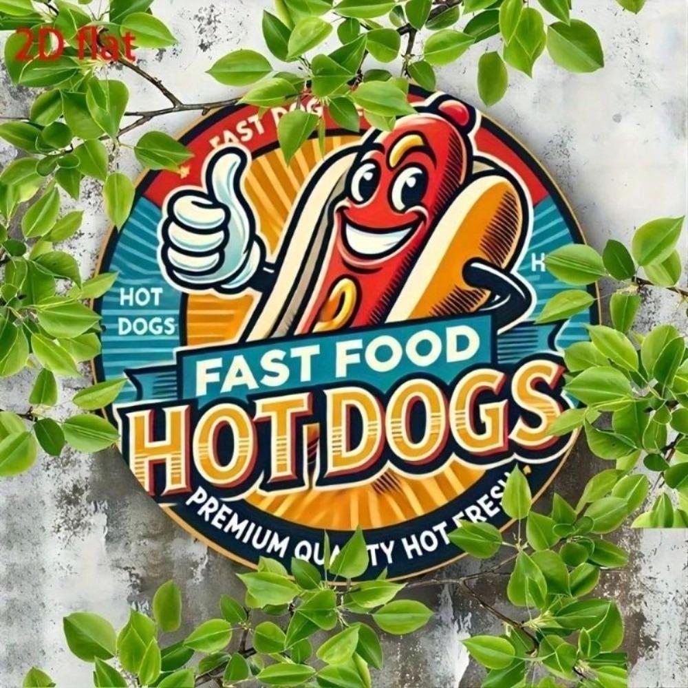 Vintage Hot Dog Fast Food Rundes Metall-Wandschild Wasserdicht Küchen-Deko 8x8 Zoll