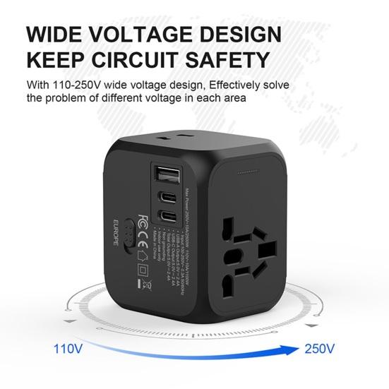 Travel Charger 2500W High Power Socket Portable Power Wide Voltage 110-250V Multi-National Adapter with 2 Type-C