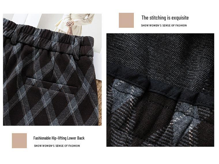 Women's Plaid Wool Hip-Hugging Half Skirt with Elastic Waist and Back Slit, 2025 Winter Collection