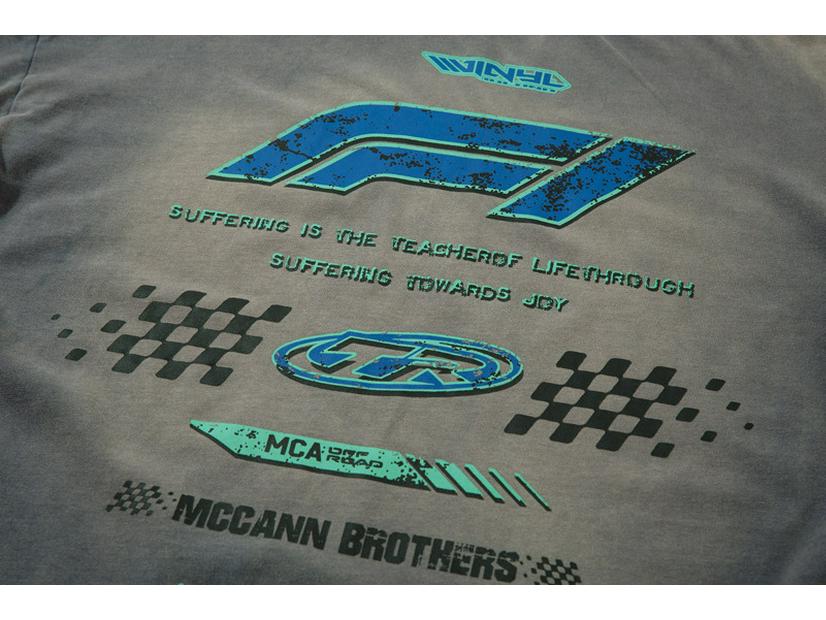 American Racing Retro Distressed Long Sleeve Tee - Hip Hop Streetwear with Cracked Letter Print and Fake Two-Piece Design