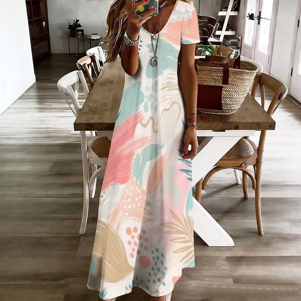 Women Plus Size V Neck Short Sleeve Printed Straight Maxi Dress