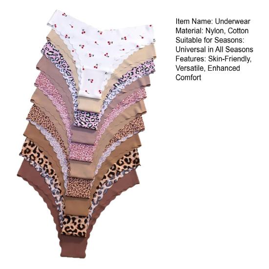 10 ks Dámské bezešvé kalhotky Měkké spodní prádlo Puntíkovaný Leopardí potisk Sexy tanga Hladké Elastické Sportovní slipy pro denní nošení Spánek