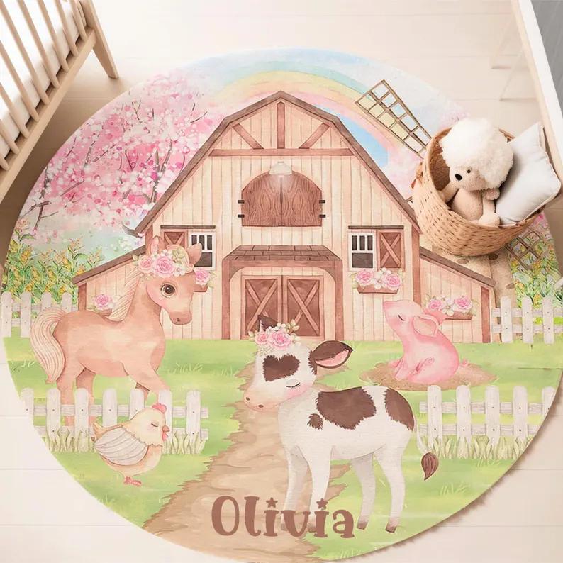 Boho Safari Animal Round Rug Autumn Forest Friends Floor Mat  Non-slip Carpet Wild Jungle Kids Room Decor Ethnic Baby Gift