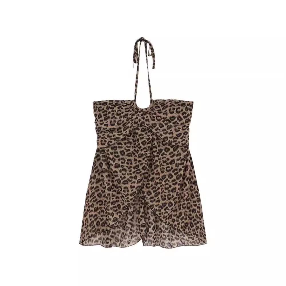 Leopard Print Halter Neck Camisole: Women's Retro Pleated Waist Ruffled Backless Summer Top