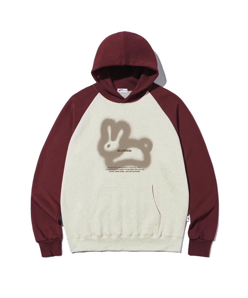 Escape From Brown Spray Rabbit Print Raglan Color Block Hoodie Oatmeal M