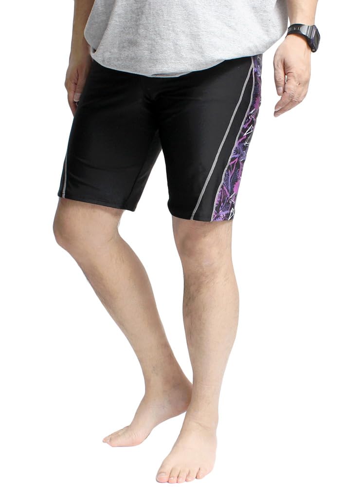 One Colors Men's Fitness Swimsuit, Competition Swimsuit, Plus Size Swim Trunks with Side Stripes, Size 4L, Black and Purple with Charcoal Stitching