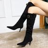 Fashion 2025 Street Style Pointed Toe Knee-High Boots Women High Heels Female Retro Belt Buckle Pleated Long Booties Zapatos De Mujer