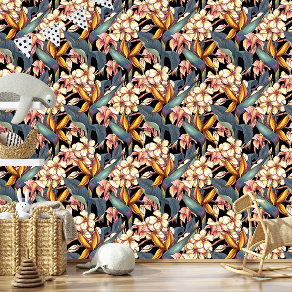 Tropical Leaves with Flowers Wallpaper for Living Room and Bedroom 50x1000