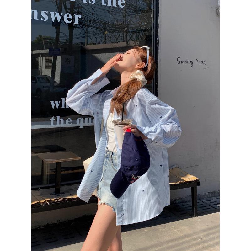 2026 Women's Blue & White Striped Bow Embroidery Long Sleeve Shirt - Unique Mid-Length Stylish Early Autumn Top